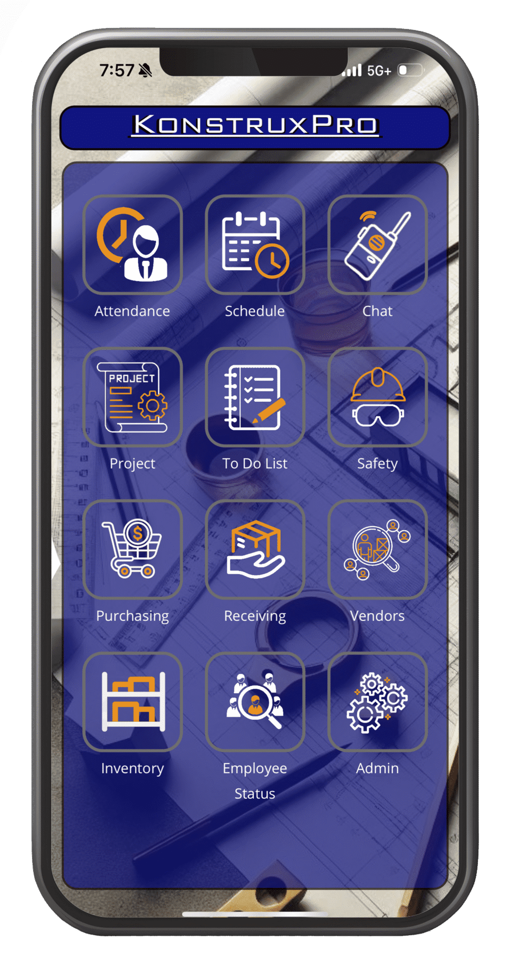 KonstruxPro Main Screen Mobile - Showing Icons, and the KonstruxPro Main Screen  on Mobile