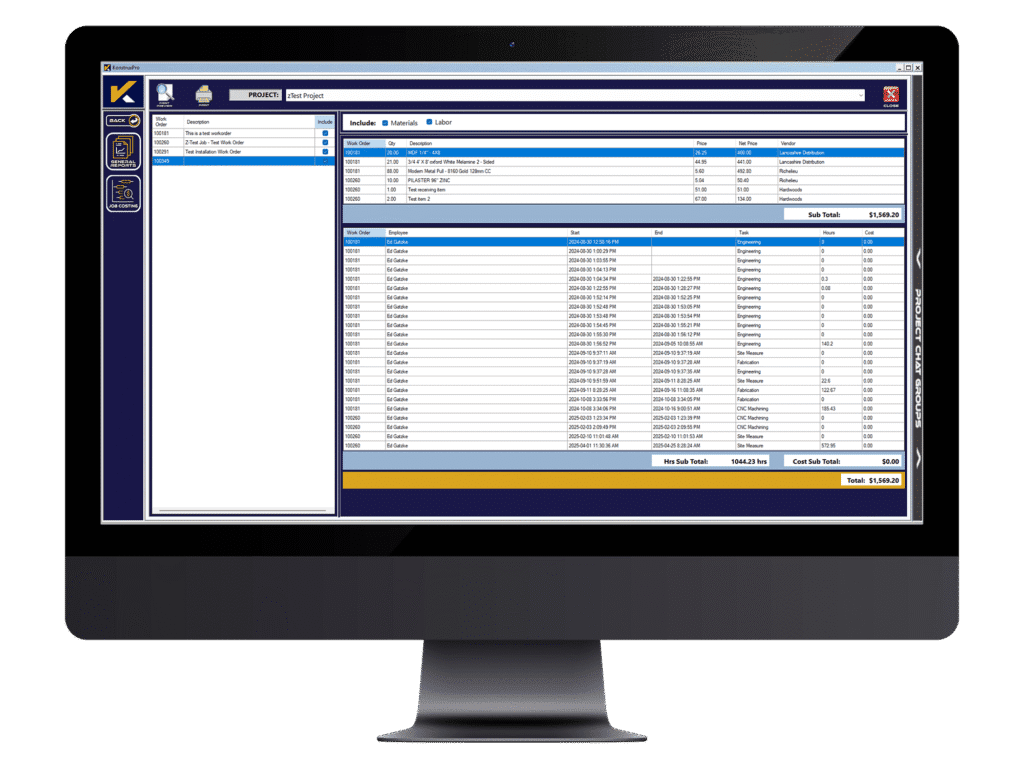 Job costing breakdown view in the Konstrux Pro application on a computer.Job costing breakdown view in the Konstrux Pro application on a computer.